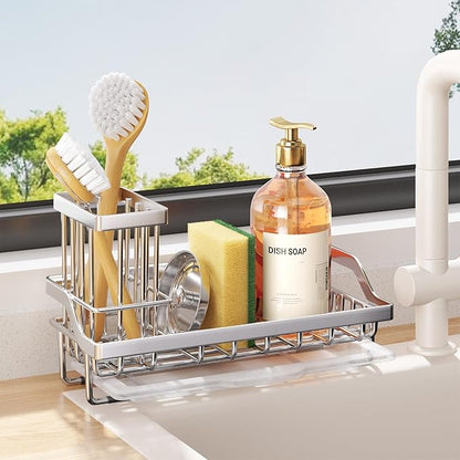 Consumest Sink Caddy, Kitchen Sponge Holder with Dish Brush Holder, Kitchen Organizer with Drip Tray for Countertop, Stainless Steel Rustproof - Silver by Consumest