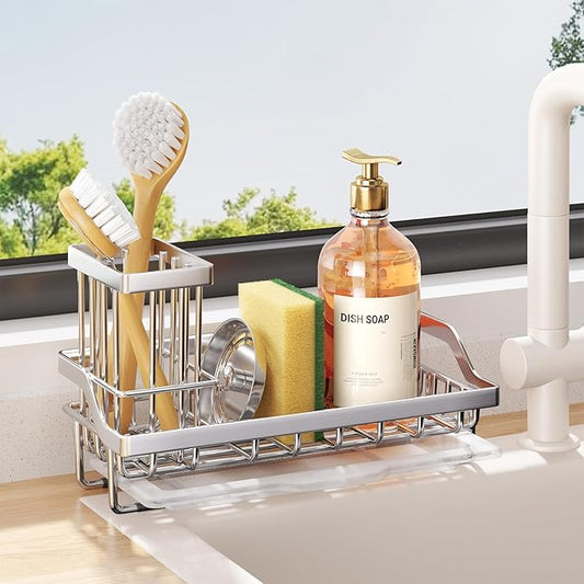 Consumest Sink Caddy, Kitchen Sponge Holder with Dish Brush Holder, Kitchen Organizer with Drip Tray for Countertop, Stainless Steel Rustproof - Silver by Consumest