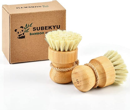 SUBEKYU Bamboo Dish Scrub Brushes for Kitchen, Wooden Cleaning Scrubbers Set for Washing Cast Iron Pan/Pot, Natural Sisal Bristles, Set of 2 by SUBEKYU