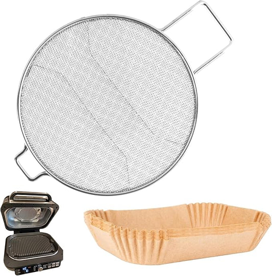 Splatter Shield & 100PCS Paper Liners for Ninja IG651,IG600,IG601 Foodi Air Fryer Accessories, Stainless Steel Splash Guard Replacement Parts for Ninja 6 in 1 Smart XL Indoor Grill Mesh Screen