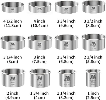 Round Cookie Biscuit Cutter Set 12 Pieces Graduated Circle Pastry Cutters 18/8 Stainless Steel Cookie Cutters1inch - 4 1/2inch Donut Cutter Ring Molds