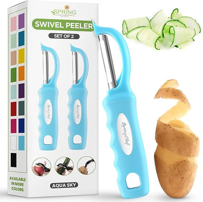 Spring Chef Premium Stainless Steel Vegetable Peeler for Kitchen, Dishwasher Safe Potato Peelers with Non-Slip Handle, Peel Apple, Fruit, Veggie, Carrot, Mango - Set of 2 - Aqua Sky by SpringChef
