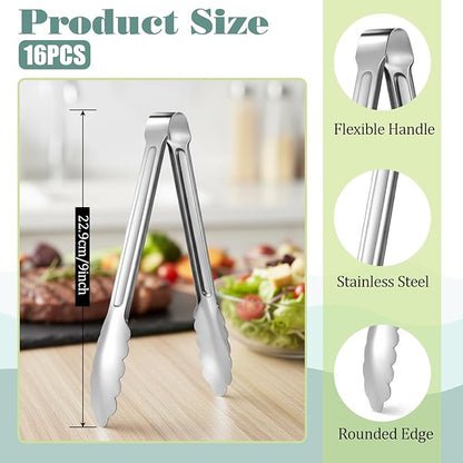 16 Pack Serving Tongs for Buffet, 9'' Stainless Steel Buffet Tongs Heavy Duty Metal Kitchen Tong Silver Food Tong for Serving Cooking Food Grill Salad BBQ
