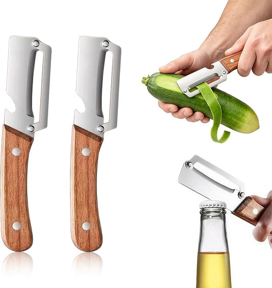 2 Pack Multi-Functional Stainless Steel Thickened Fruit Peeler Knife for Kitchen, Ultra-Sharp Blade with Wooden Handle and Bottle Opener, for Fruit Veggie that Need to Be Peeled