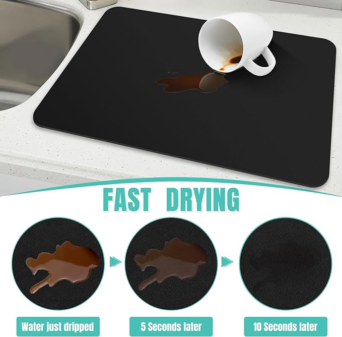 WISELIFE Coffee Mat Super Absorbent Dish Drying Mat Coffee Bar Accessories Match with Machine Large Drying Mats for Kitchen Counter 12" W x 19" L, Black - Image 3