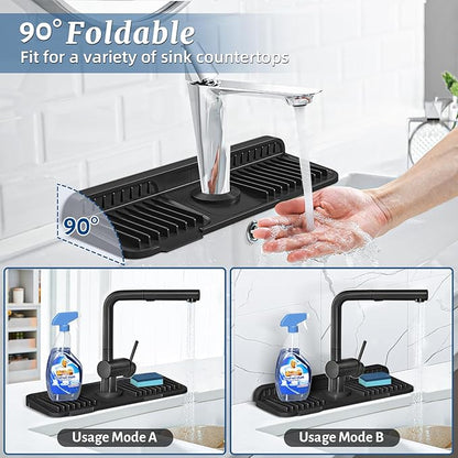 PoYang 14.6 inch Faucet Mat for Kitchen Sink Splash Guard, 7° Slope Silicone Sink Water Splash Guard for Kitchen Sink Area with Snap Button, Small Sink Protectors for kitchen Sink Sponge Holder, Black
