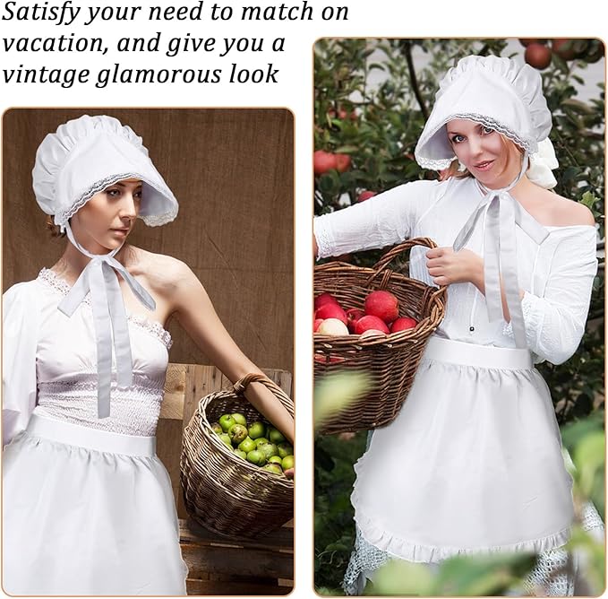 Tucnoeu 2pcs White Mob Cap Half Apron Halloween Colonial Costume Set Women Pilgrim Costume Accessories for Maid Girl Cosplay