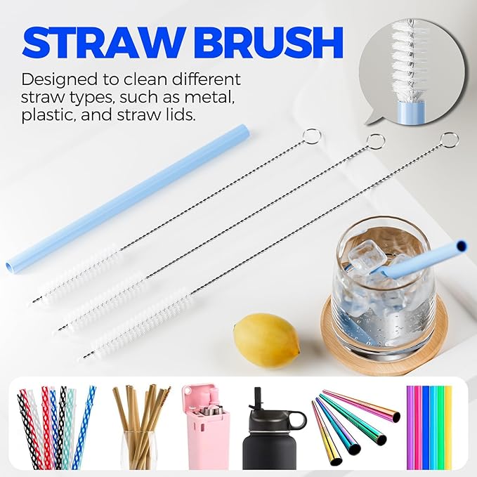 6 PACK Holikme 4 in 1 Cup Lid Cleaning Brush Set with 3 Straws, Multifunctional Bottle Brush, Silicone Cup Lid Gap Cleaner, Durable Bristle Crevice Cleaning Brush,Flat End Brushes,Navy & Black & Olive - Image 4