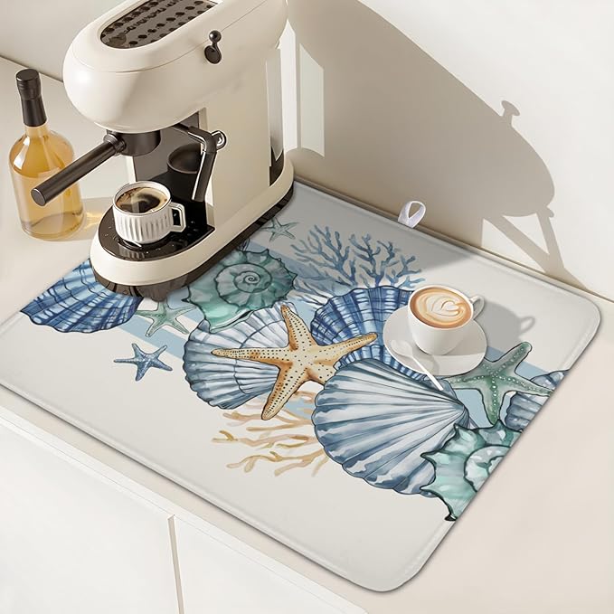 Summer Sea Shell Drying Mat 18x16 Inch, Starfish Drying Mat with Absorbent Reversible Microfiber, Coastal Dish Drainer Mats Holiday Ocean Rack Pad for Coffee Countertop Kitchen Protector