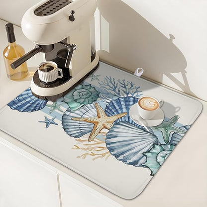 Summer Sea Shell Drying Mat 18x16 Inch, Starfish Drying Mat with Absorbent Reversible Microfiber, Coastal Dish Drainer Mats Holiday Ocean Rack Pad for Coffee Countertop Kitchen Protector