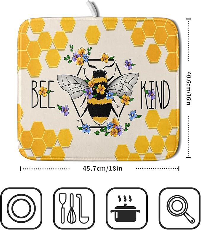 Giwawa Bee Kind Dish Drying Mat, Summer Bees Flowers Dish Drainer Mats for Kitchen Countertop, Yellow Honeycomb Absorbent Reversible Dish Drying Pad Decoration, 16x18inches, Small Size