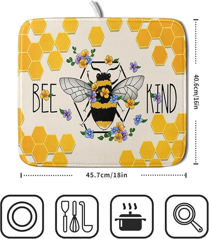 Giwawa Bee Kind Dish Drying Mat, Summer Bees Flowers Dish Drainer Mats for Kitchen Countertop, Yellow Honeycomb Absorbent Reversible Dish Drying Pad Decoration, 16x18inches, Small Size