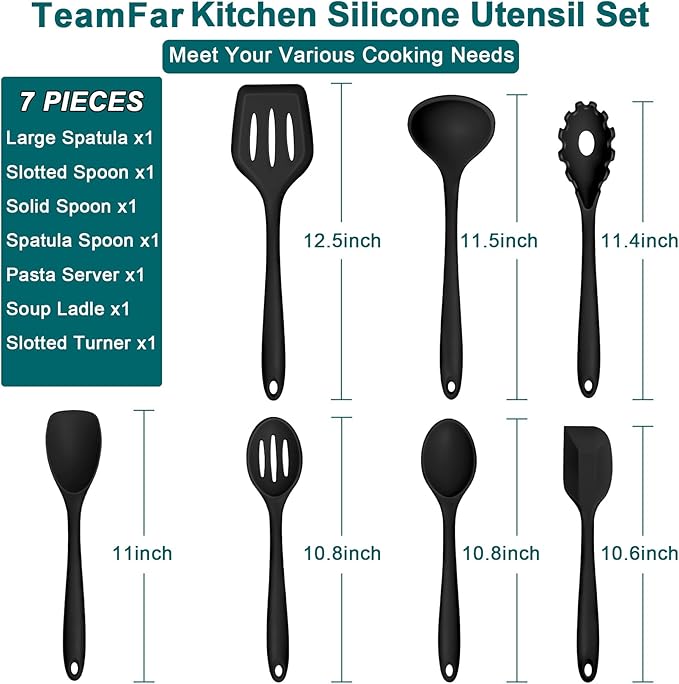 TeamFar Silicone Cooking Utensil Set of 7, Black Kitchen Nonstick Tools Turner Spoon Spatula Ladle Pasta Server for Nonstick Cookware, Healthy & One-Piece, Anti-Heat & Dishwasher Safe - Image 2