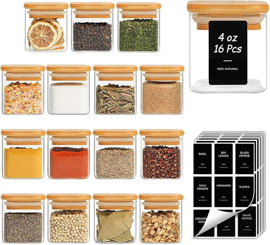 ComSaf 16Pcs Spice Jars with Labes, Glass Jar with Bamboo Lid, 4oz Airtight Square Spice Containers with Black Lables, Empty Seasoning Jars for Spice, Salt, Pepper, Sugar by ComSaf