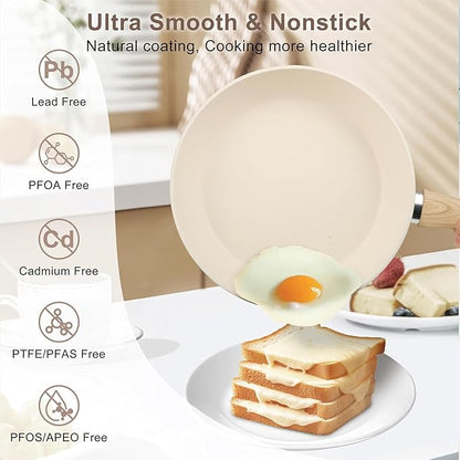 11 Pcs Pots and Pans Set, Nonstick Cookware Set with Lids and Wooden Handles, Silicone Spoons & Spatulas, Non-toxic Healthy Kitchen Cooking Set, PFAS & PFOA Free