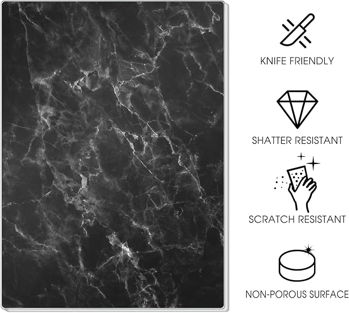 JAMBALAY Tempered Glass Cutting Board for Kitchen, 16"x12" Black Marble Glass Cutting Board with Design, Glass Chopping Board with Non Slip Feet, Heat & Shatter Resistant, Dishwasher Safe
