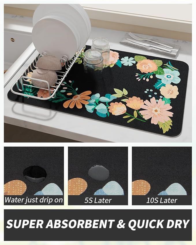 AMOAMI Coffee Mat Hide Stain Rubber Backed Absorbent Dish Drying Mat for Kitchen Counter - Bar Accessories Fit Under Coffee Maker, Espresso Machine, Dish Rack - Floral Black 12x19 - Image 2