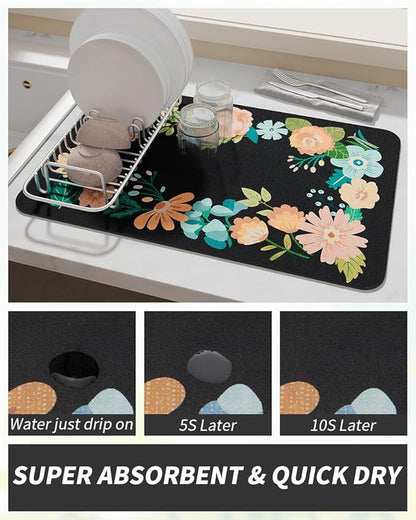 AMOAMI Coffee Mat Hide Stain Rubber Backed Absorbent Dish Drying Mat for Kitchen Counter - Fits Under Coffee Maker or Machine - Floral BLACK 17x31.5 - Image 2