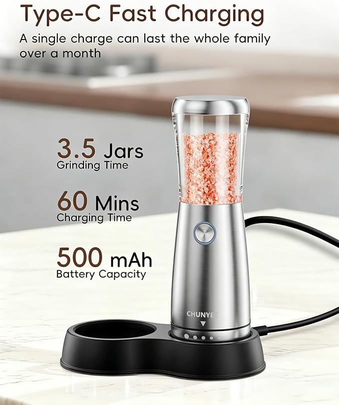 Electric Salt and Pepper Grinder Set - Automatic Stainless Steel Rechargeable Salt and Pepper Grinder Set with Storage Base, Large Capacity, LED Light & Adjustable Coarseness, Ideal Kitchen Gadget - Image 5