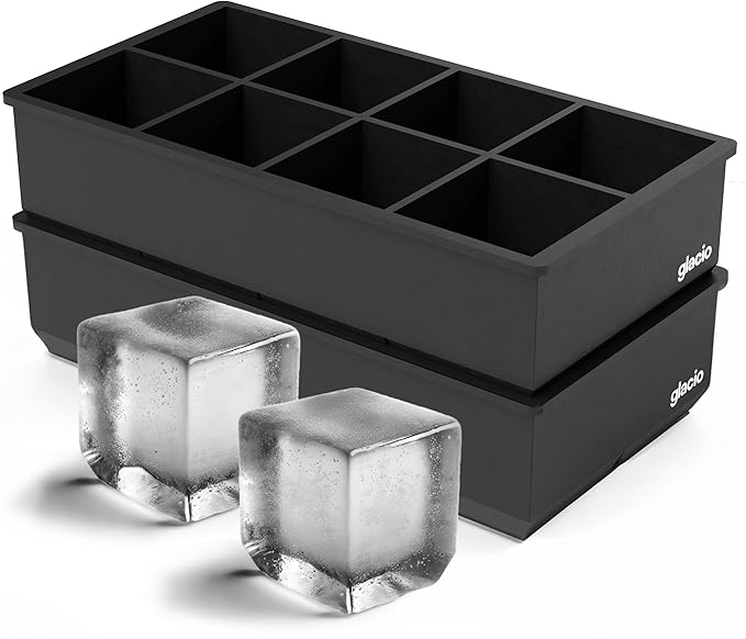 Ice Cube Molds – 2-Pack Silicone Trays for 8 Large Square Cubes – Slow-Melt Ice for Whiskey, Cocktails, Coffee & More by glacio