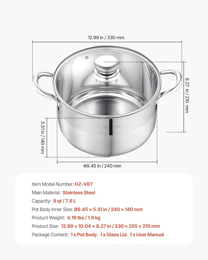 VEVOR Stainless Steel Stock Pot, 8QT Stainless Steel Stockpot with Glass Lid, PFOA-Free, PFAS-Free, Compatible with Gas Stoves, Induction Cooktops, Electric Stoves, for Soups, Stews, and Pasta - Image 7