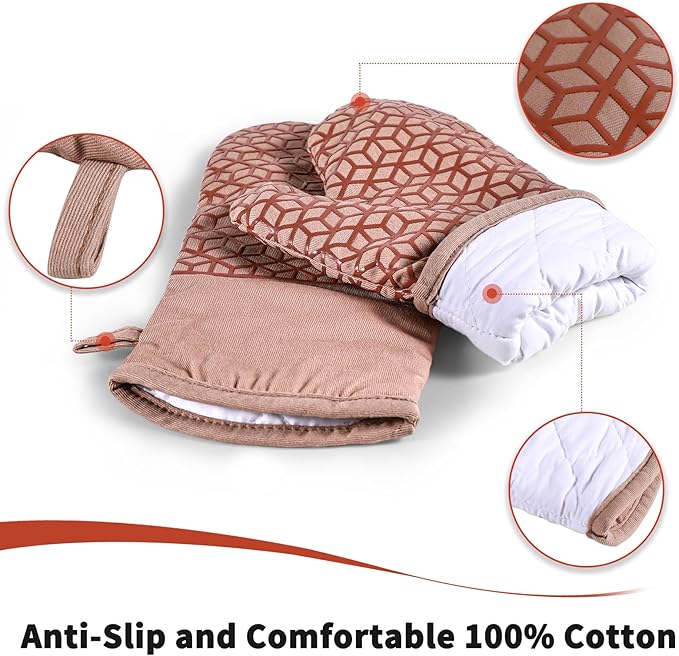 Oven Mitts And Pot Holders Set 6Pcs,Kitchen Oven Glove,High Heat Resistant 500°F Large Size Oven Mits And Potholders With Soft Cotton Lining And Non-Slip Silicone Surface For Cooking (Brown) - Image 3