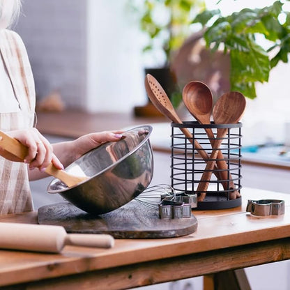WDT Tool Utensil holder for Kitchen Counter - 5.2" x 5.2" x 6" Large Round Utensils Holder with Wooden Base Matte Black Cooking Utensil Holder，Kitchen countertop Utensil Organizer (Metal) - Image 3