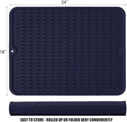 Large 24" x 18" Silicone Dish Drying Mat for Kitchen Counter, Easy clean, Quick Dry, Heat-resistant Dish Drainer Mat for Sink,Refrigerator or Drawer liner (Food Grade Silicone-Dark Blue) - Image 2