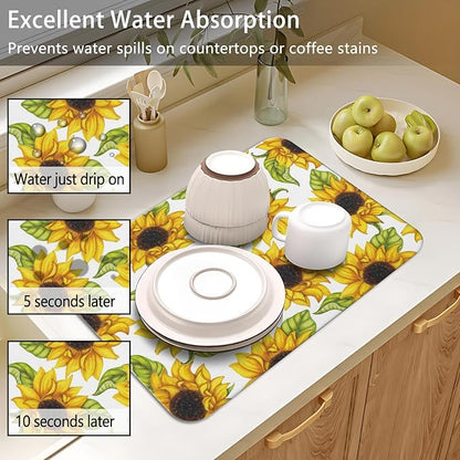 Dish Drying Mat for Kitchen Counter 2 Pack with Non-Slip Rubber Backing - Heat-Resistant Absorbent Coffee Bar Mat, Dish Rack Mat, Sunflower Dish Drying Mats 18x24+19.5x12 inch