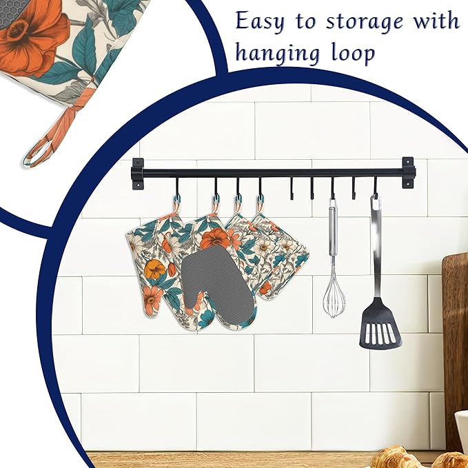 Vintage Floral Potholders & Oven Mitts Sets Abstract Flowers Silicone Heat Resistant Oven Mits and Hot Pads Non-Slip Pot Holders Gloves for Kitchen Chef Cooking Baking Grilling BBQ