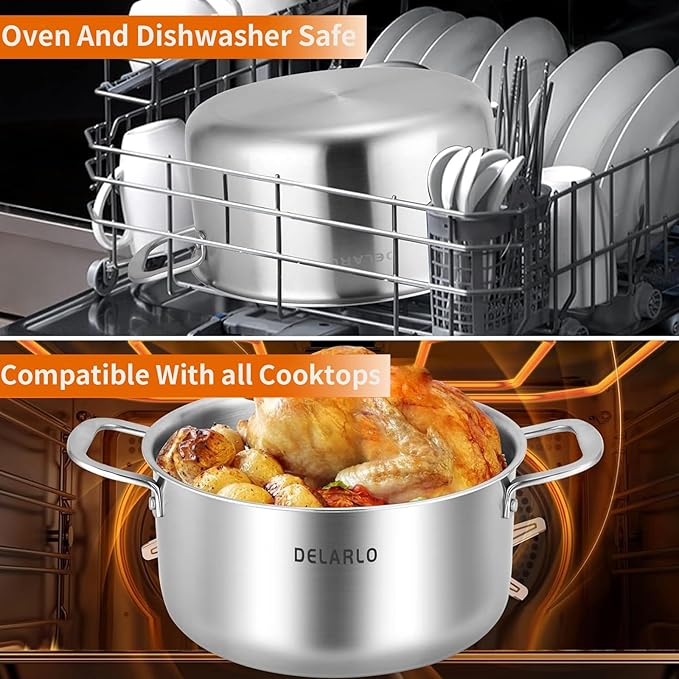 DELARLO Tri-Ply Stainless Steel 6QT Pot with Lid, Induction Ready, 6 Quart with Lid, Durable, Noodle Pot, 18/10 Heavy Duty for Cooking, Suit for All Stove, Up to 600℉(Lids 300℉) - Image 6