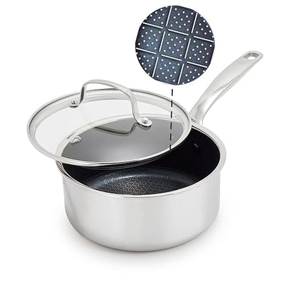Blue Diamond Hybrid Nonstick Stainless Steel 2QT Saucepan with Glass Lid, PFAS-Free Ceramic Diamond Bond Pot, Dishwasher Safe, Stay-Cool Handle, Induction Ready, Compatible with All Cooktops by BlueDiamondCookware