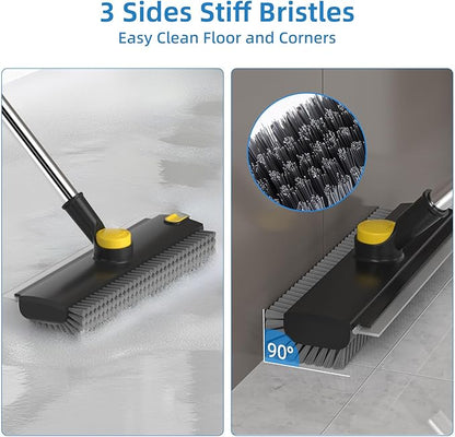 Scrub Brush with Long Handle, Floor Scrub Brush Squeegee Broom for Cleaning, 3 in 1 Shower Scrubber Floor Broom Squeegee for Concrete Tile Wall Deck Patio Special Black