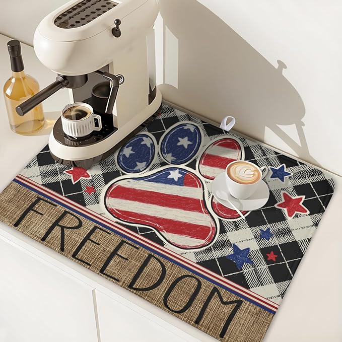 4th of July Dish Drying Mat 24x18 Inch, Patriotic Drying Mat with Absorbent Reversible Microfiber, Independence Day Dish Drainer Mats Memorial Day Rack Pad for Coffee Countertop Kitchen Protector