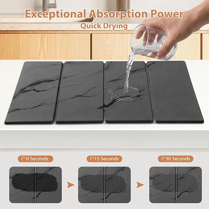 Large Stone Dish Drying Mat for Kitchen Counter, 2 PCS Quick Dry Diatomaceous Earth Dish Mat Set – Foldable Water Absorbing Kitchen Accessories for Countertop(Dark Gray 24"x16"&8"x4") - Image 4