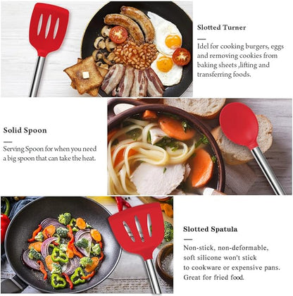 Silicone Cooking Utensil Set,Kitchen Utensils 26 Pcs Set,Non-stick Heat Resistant Silicone,Cookware with Stainless Steel Handle - Red