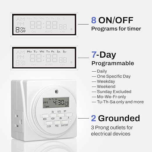 BN-LINK Indoor Digital Timer Outlet, Dual Outlet 7 Day Programmable Light Switch, 3 Prong Plug in Timers for Electrical Outlets, Lamps, Fans, 8 On/Off Programs, 1 Pack, 15A/1875W, ETL Listed - Image 3