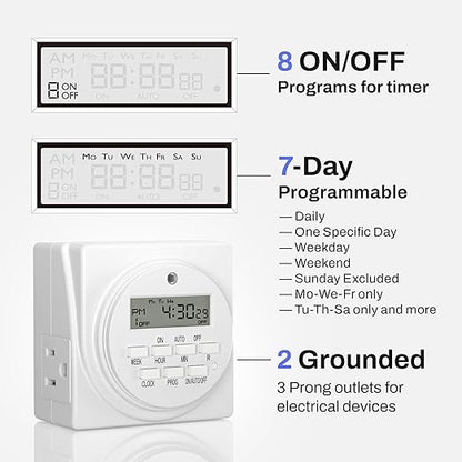 BN-LINK Indoor Digital Timer Outlet, Dual Outlet 7 Day Programmable Light Switch, 3 Prong Plug in Timers for Electrical Outlets, Lamps, Fans, 8 On/Off Programs, 1 Pack, 15A/1875W, ETL Listed - Image 3