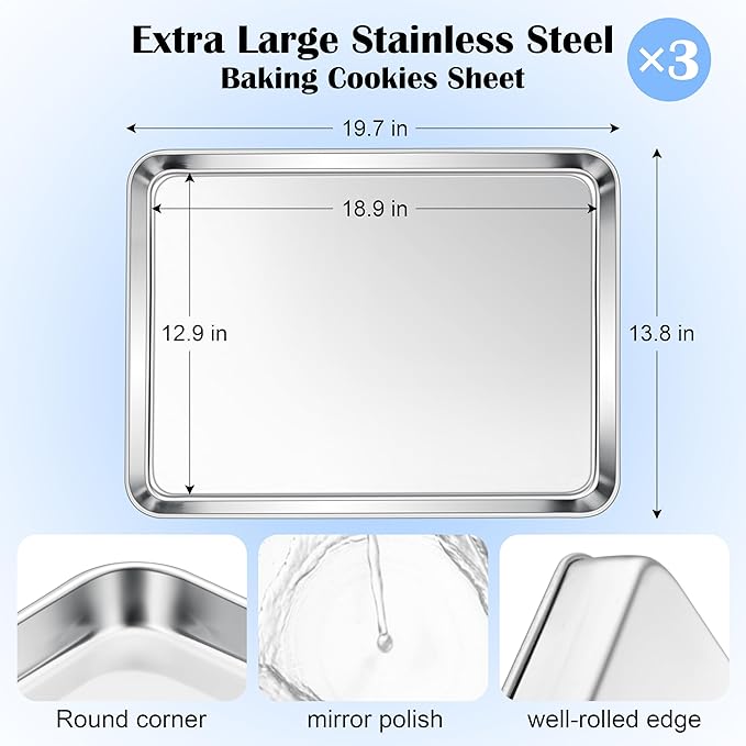 E-far Large Baking Sheets Set of 3, 20”x14” Stainless Steel Cookie Sheet Pans for Oven, Non Toxic Big Metal Baking Tray for Cake Cookies, Healthy & Rust Free, Mirror Finish & Dishwasher Safe - Image 2