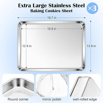 E-far Large Baking Sheets Set of 3, 20”x14” Stainless Steel Cookie Sheet Pans for Oven, Non Toxic Big Metal Baking Tray for Cake Cookies, Healthy & Rust Free, Mirror Finish & Dishwasher Safe - Image 2