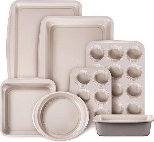 CAROTE 7-Piece Nonstick Stackable Baking Pans Set - Bakeware Sets Including Cookie Sheets for Baking, Muffin Pan, Bread Pan, Cake pan, Loaf Pan, Roasting Pan, Gray & Khaki by CAROTE