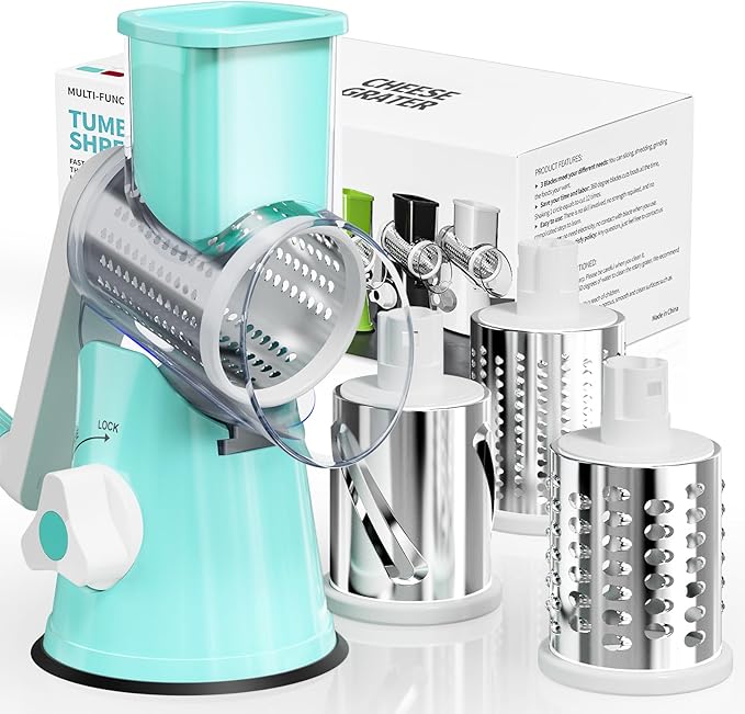 Cheese Grater Hand Crank, Rotary Cheese Shredder with 3 Interchangeable Blades for Coarse, Fine Shredding and Slicing, Strong Suction Base for Pizza, Pasta, Salad, Vegetables, Nuts, Chocolate by Nexsujo