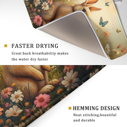 Giwawa Easter Bunny Dish Drying Mat Flower Butterfly Kitchen Drainer Mat 18x24 inch Absorbent Reversible Dish Rack Pad for Counter Tabletop Decor