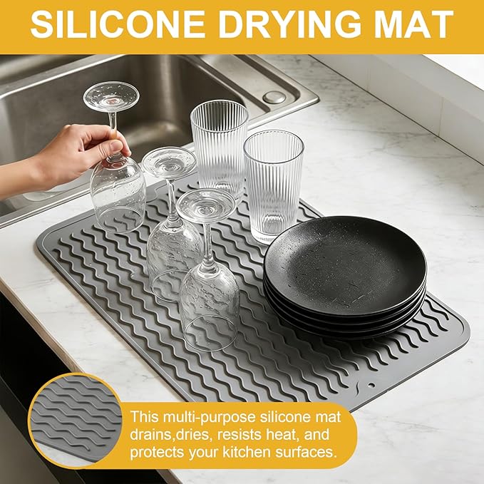 Silicone Dish Drying Mat for Kitchen Counter Eco-Friendly Fast Dry Dish Mat Easy Clean Multi Usage Drying Matt Heat Resistant Trivet Fits Under Rack, Gray 12" x 16"