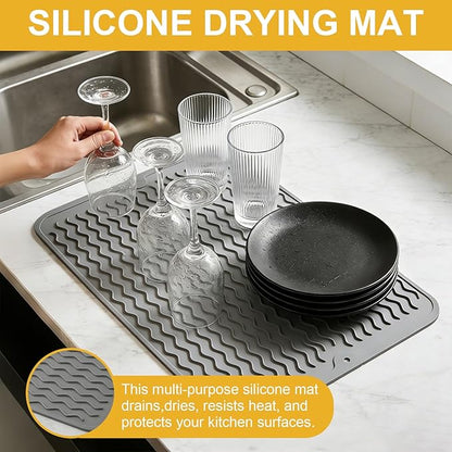 Silicone Dish Drying Mat for Kitchen Counter Eco-Friendly Fast Dry Dish Mat Easy Clean Multi Usage Drying Matt Heat Resistant Trivet Fits Under Rack, Gray 12" x 16"