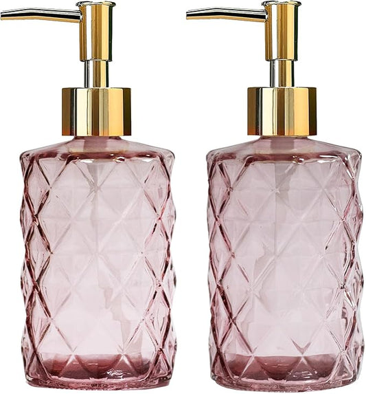 Glass Soap Dispenser with Gold Plastic Pump, 12oz Refillable Liquid Hand Soap Dispenser, 2 Pack Crystal Lotion Bottle for Modern Home Decor, Bathroom, Kitchen Countertop, Hotel
