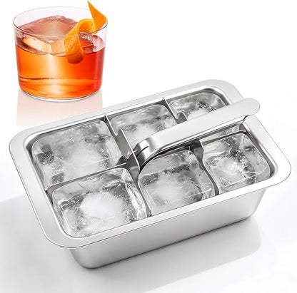 Stainless Steel Ice Cube Tray, Large Ice Cube Trays Mold for Whiskey, Metal Ice Cube Trays for Freezer with Release Lever Remove Handle, Cocktails Whiskey Ice Cubes Mold, Easy Release Large Ice Cubes