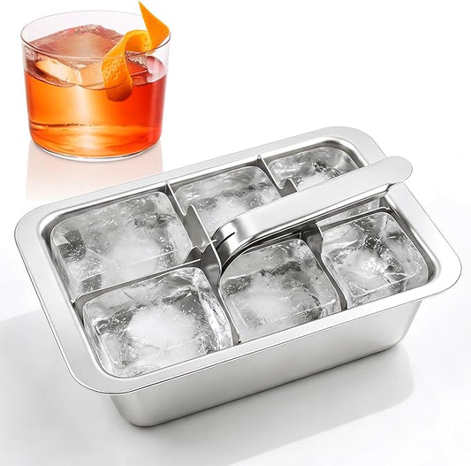 Stainless Steel Ice Cube Tray, Large Ice Cube Trays Mold for Whiskey, Metal Ice Cube Trays for Freezer with Release Lever Remove Handle, Cocktails Whiskey Ice Cubes Mold, Easy Release Large Ice Cubes