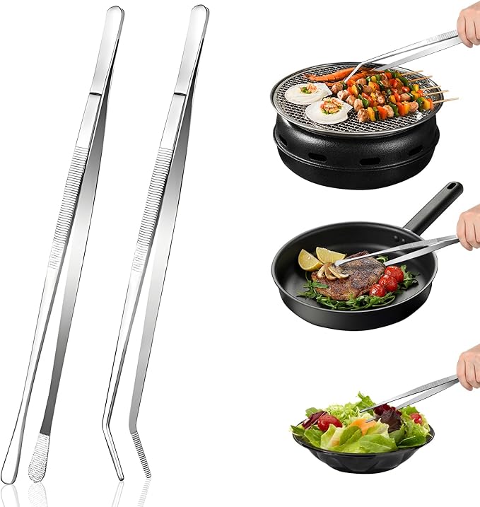12-Inch 2-in-1 Kitchen Tongs Set, Round & Curved Stainless Steel BBQ Tongs with Non-Slip Grip, Dishwasher Safe for Grilling Steak & Salad