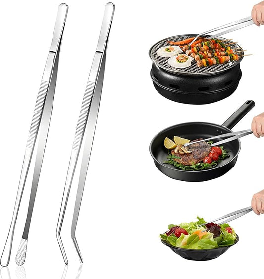 12-Inch 2-in-1 Kitchen Tongs Set, Round & Curved Stainless Steel BBQ Tongs with Non-Slip Grip, Dishwasher Safe for Grilling Steak & Salad